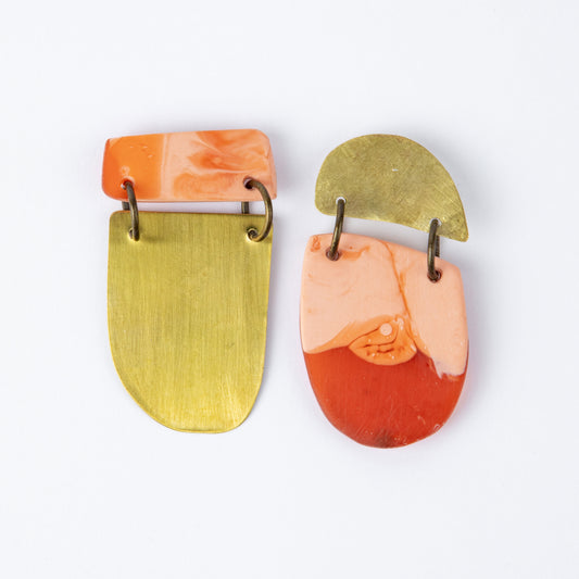 ORANGE RESIN AND BRASS MIXED SHAPE EARRINGS