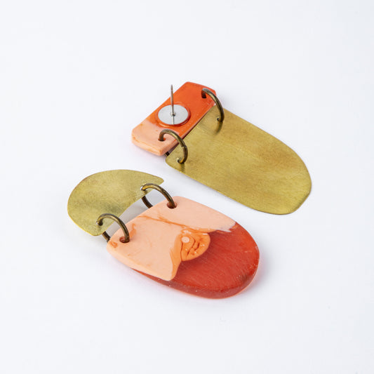 ORANGE RESIN AND BRASS MIXED SHAPE EARRINGS