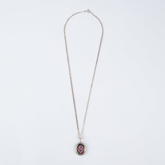 OVAL FRAME BLACK & PINK FLORAL NECKLACE